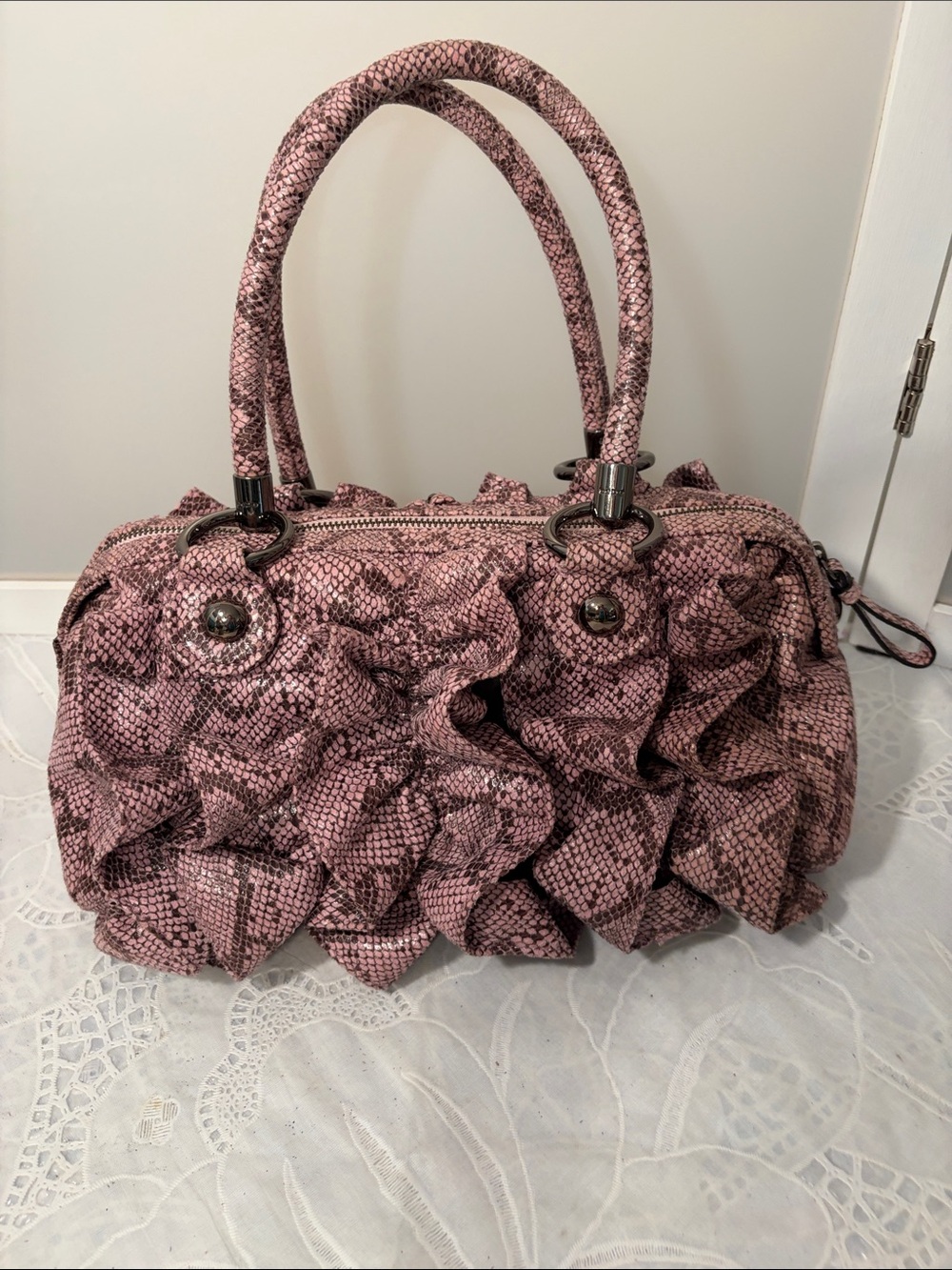 Y2K-era bebe Ruffle Snakeskin Satchel Handbag - Picture 2 of 11